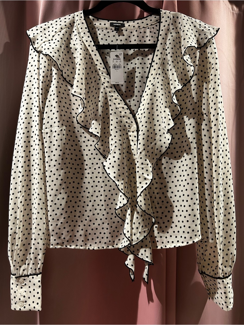 NWT Express Cream Blouse with Black Polka Dots & Ruffle Trim